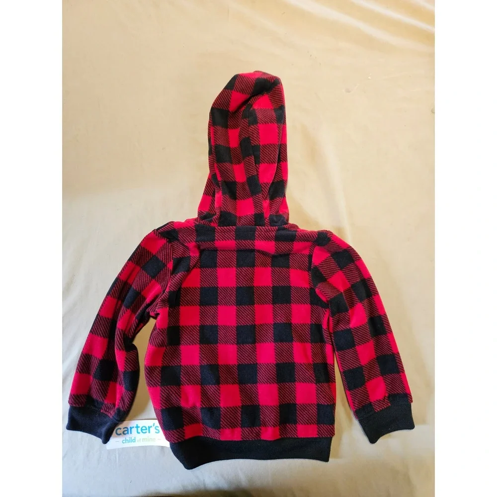 Carters Child of Mine 18M Red Black Buffalo Plaid Moose Fleece Zip Up Hoodie